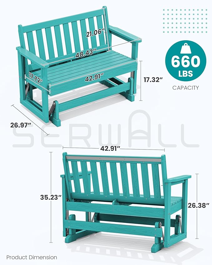 SERWALL 2 Person Patio Glider Bench, HDPE Material Weather-Resistant Swinging Bench for Outdoor Porch Garden, Aruba