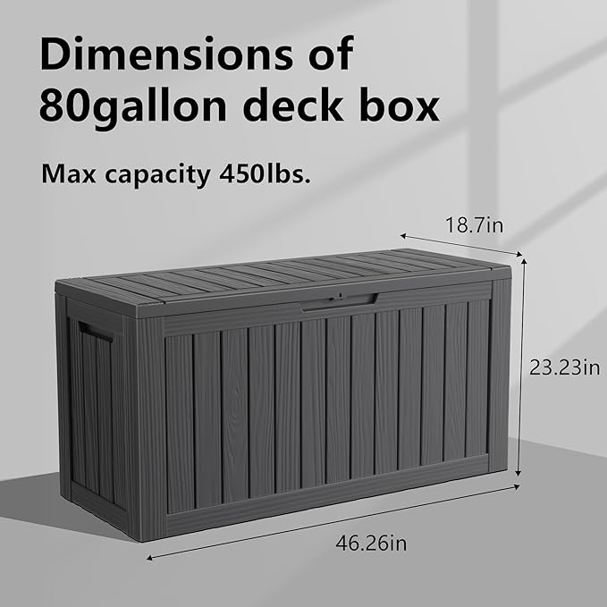 EasyUp 80 Gallon Resin Deck Box Storage Outdoor Waterproof Boxes Lockable UV Resistant Container for Patio Furniture Cushions Pool Supplies Garden Tool, Equipment Outside Storage Delivery, Black
