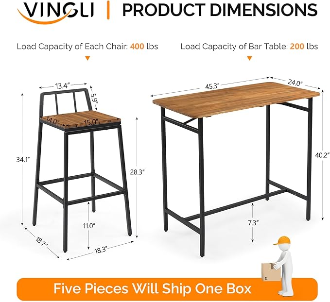 VINGLI 5 Pieces Outdoor Patio Bar Set, Acacia Wood Outdoor Dining Set Patio Table and Chairs Set for Porch Poolside Backyard Garden Balcony
