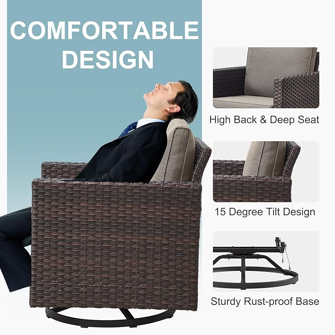 Belord 6 Piece Outdoor Furniture Patio Wicker Sofa Set, Oversize Outdoor Swivel Rocker Chairs with Rattan Ottomans, Conversation Sets Patio Furniture Come with Removable Washable Blue Cushion