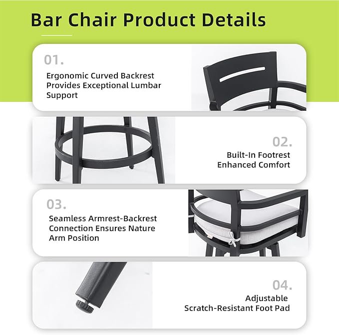 Modern Outdoor Bar Stools Set of 2 Swivel Patio Bar Chairs with 360° Rotation and Cushion with Sunbrella Fabric Weather-Resistant Aluminum Frame Patio Bar Stool for Deck Garden
