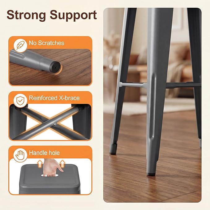 Shahoo 30 Inches Metal Bar Stools Counter Height Stackable Backless Stools, Industrial Patio Stools Indoor Outdoor Metal Kitchen Stools Set of 4 (Grey, 30'')