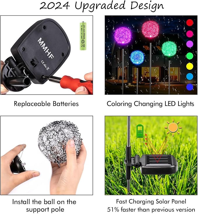 Solar Garden Lights Outdoor, Upgraded Globe Powered Garden Light, Multi-Color Changing LED Solar Stake Lights for Patio Backyard Pathway Party Decoration (Stainless Steel, 6 Pack)