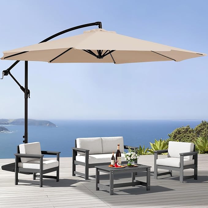 SERWALL 4 Pieces HDPE Outdoor Sofa Set with 10FT Patio Umbrella, All Weather Use Loveseat Furniture Sofa Set, Outdoor Conversation Couch with Coffee Table for Patio, Grey Frame with Khaki Cushions