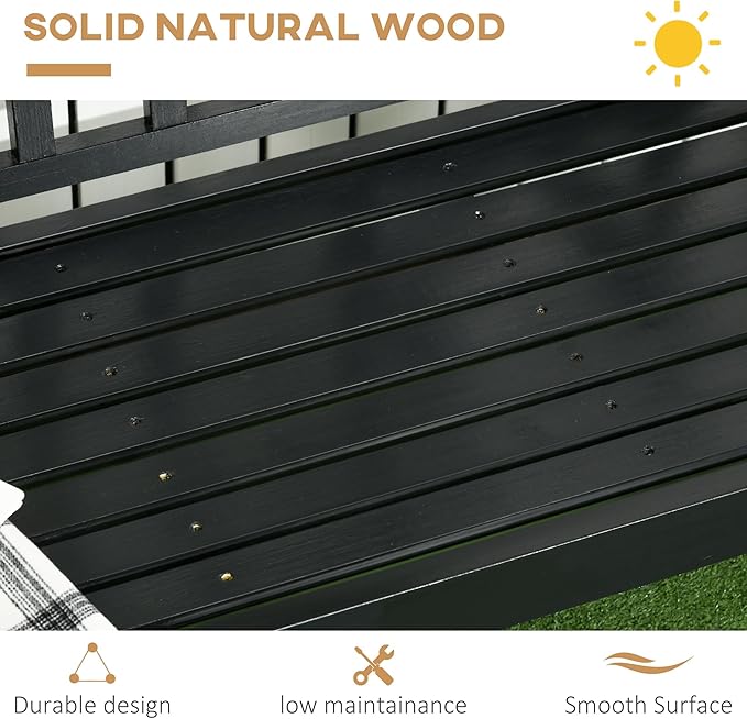 Outsunny Wooden Patio Bench, Outdoor Garden Bench with Backrest and Armrests, 3 Person Porch Bench with Rustic Country Diamond Pattern, Black