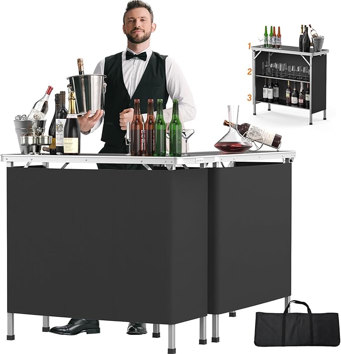 VINGLI 39" Portable Bar Table, 3-Tier Shelves, Mobile Bar Table for Events, Party, Camping, Picnic, Tradeshow, Indoor with Black Skirt(1 Pack) (2, 39")