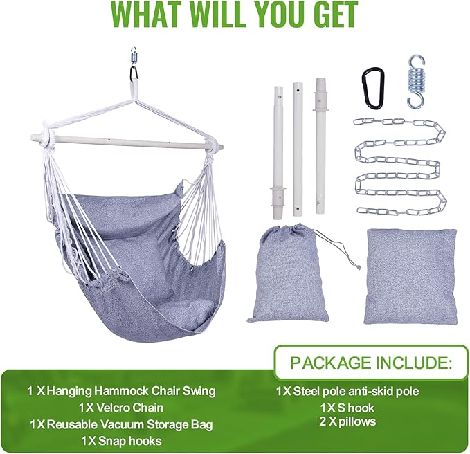 Backyard Expressions Hanging Hammock Chair Swing with Cushions & Hanging Kit – 500 lb Capacity, Cotton Blend Fabric, for Indoor/Outdoor Use – Includes Chain, Hooks & Spring – 5 Colors (Charcoal)