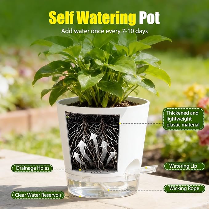 Plant Pots 4/5/5.5/6/6.5/7/8 Inch Self Watering Pots, 7 Pack Plastic Planters with Drainage Holes and Clear Saucers,Plastic Flower Pots,Nursery Planting Pot for Indoor Out Door Plants(White)