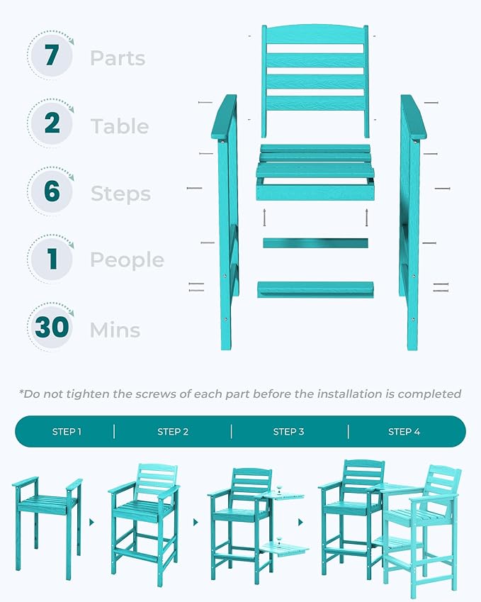 SERWALL Tall Adirondack Chairs Set of 2 with Connecting Table, All Weather Outdoor Barstools, Aruba Blue