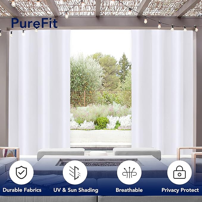 PureFit Outdoor Curtains for Patio Waterproof Weatherproof, UV Resistant Outside Curtains for Gazebo, Front Porch, Pergola, Sun Blocking Privacy Curtain, 52W x 84L inch, 1 Panel, White