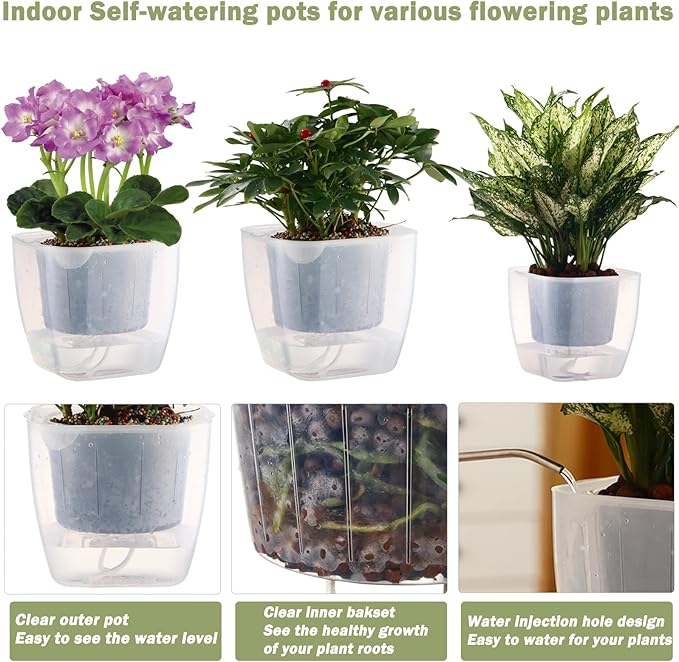 12-Pack Clear Self Watering Planters for Indoor Plants 7" Large African Violet Plant Pots Plastic Wick Flower Pots with Water Injection Hole, Orchid Plant Pot Set, Clear