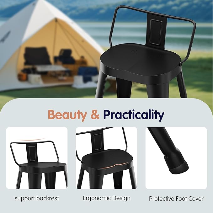 Aklaus Metal Bar Stools Set of 4 Counter Height Bar Stools for Kitchen Island Farmhouse Barstools with Removable Back 26" Indoor Outdoor Barstools, Matte Black