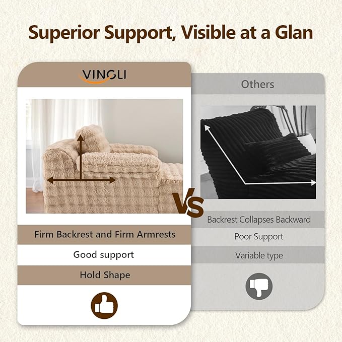 VINGLI 67.7" Oversized Chaise Lounge Chair Reading Chairs Comfy Bubble Fleece Upholstered Boneless Sofa Bed Sleeper Sofa Cloud Couches for Living Room, Bedroom, Play Room (Light Brwon)