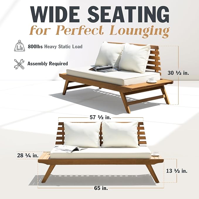 IDZO Lucille 800lbs Capacity Acacia Patio Loveseat, FSC Certified 2 Seater Outdoor Sofa with 3.9in Thick Cushions, Teak Finish Porch Couch for Garden Backyard, Beige