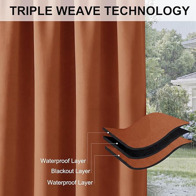 RYB HOME Outdoor Curtains for Patio Waterproof Block Sunlight Thermal Insulated Privacy Assured Thick Outside Curtains for Porch, Gazebo, Pergola, W52 x L84, Mecca Red, 1 Panel