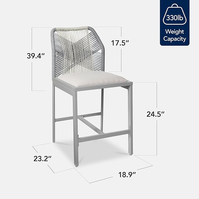 Best Choice Products Indoor Outdoor Counter Height Bar Stools Set of 2, Armless Kitchen Counter Stools w/Back and Footrest, Built-in Cushion, Aluminum Frame - Gray/Meteor