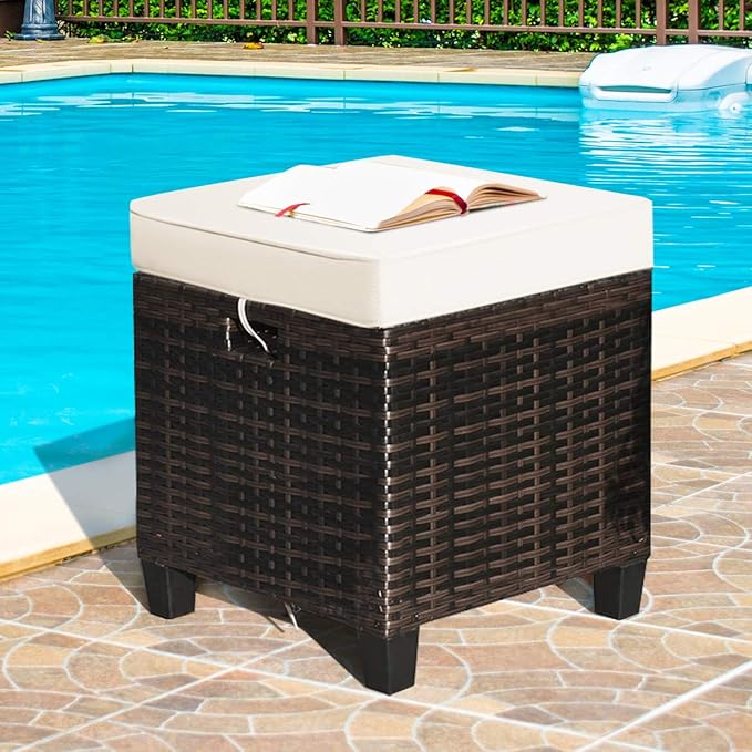 Tangkula 2 Pieces Outdoor Patio Ottoman, All Weather Rattan Wicker Ottoman Seat, Patio Rattan Furniture, Outdoor Footstool Footrest Seat w/Removable Cushions