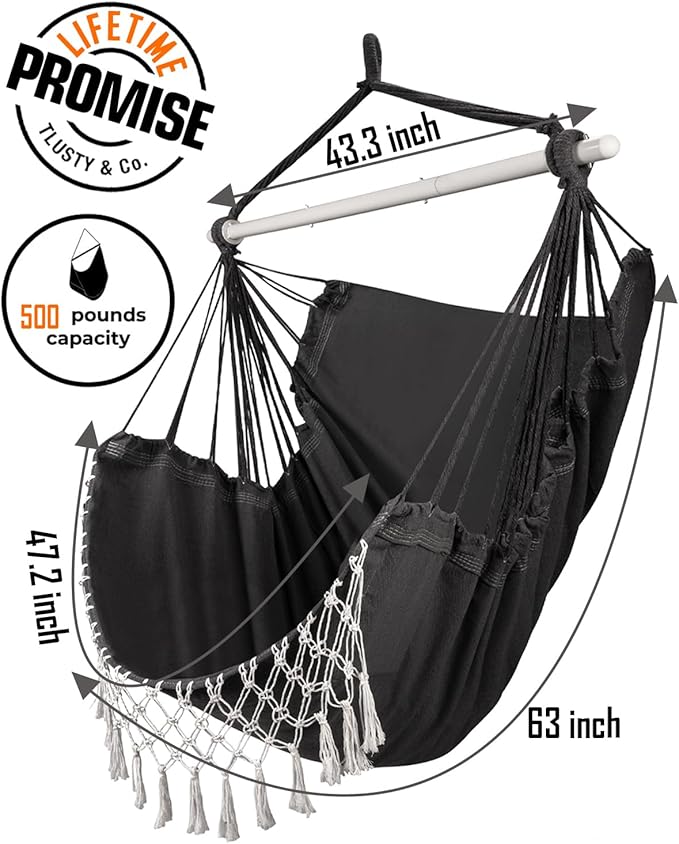 MIZTLI Hammock Chair Hanging Chair Swing Chair XXL Large Macrame Swing Indoor Hammock for Bedroom - Max 500 Lbs - All Hanging Kit Included