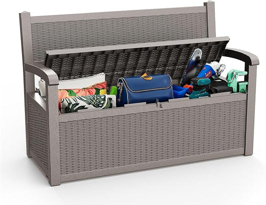 80 Gallon Outdoor Storage Bench Deck Box Waterproof Lockable,Outdoor Storage Furniture for Patio,Garden and Porch,Tools and Cushions（ Grey）