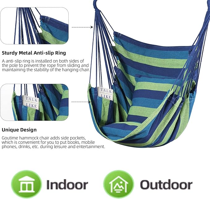 Goutime Hammock Chair, Boho Hanging Rope Ceiling Swing, Macrame Hanging Swinging Chair for Indoor,Outdoor,Bedroom,Outside,Garden,Balcony,Yard,Deck,Max 330 Lbs,Blue and Green