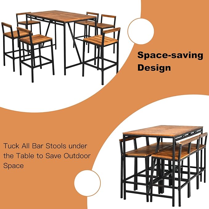 HAPPYGRILL 7 Piece Patio Bar Table Set with Umbrella Hole Acacia Wood High-Dining Bistro Set with 6 Bar Stools, PE Wicker Outdoor Bar Set for Backyard Patio and Poolside