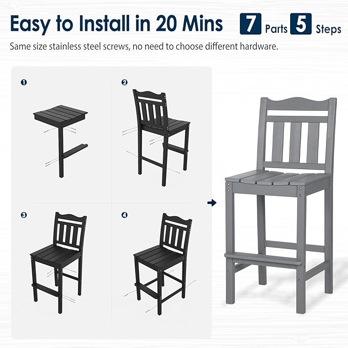 nalone Outdoor Bar Stool, HDPE Tall Adirondack Chair Bar Chair, Weather Resistance Bar Height Chairs for Balcony, Garden, Yard, Backyard (Grey, Bar Chair)