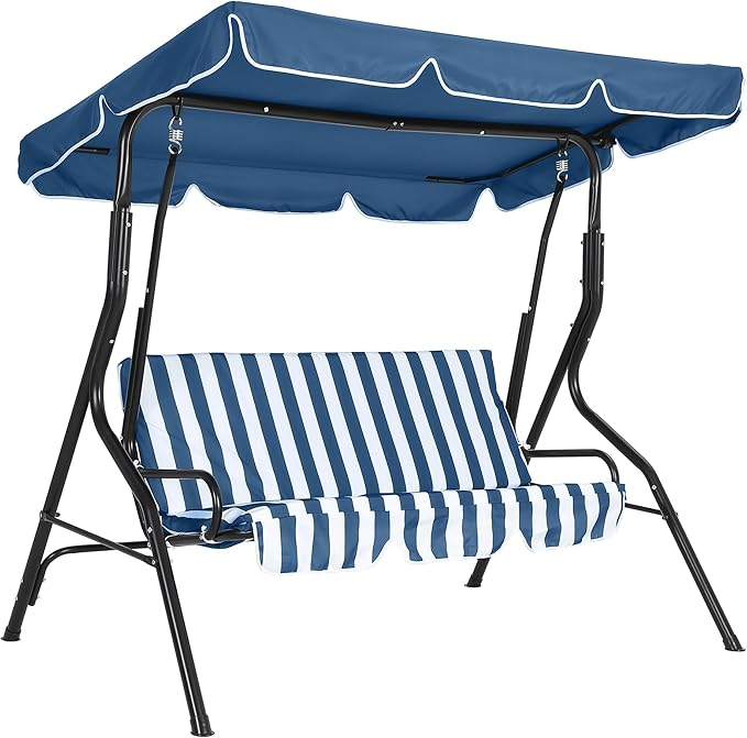 Outdoor Porch Swing Chair with Adjustable Canopy & Striped Seat Cushion for Adults 3-Seat Patio Glider Bench with Thick Cushions Steel Frame Outdoor Swing Chair for Backyard Lawn Garden Blue