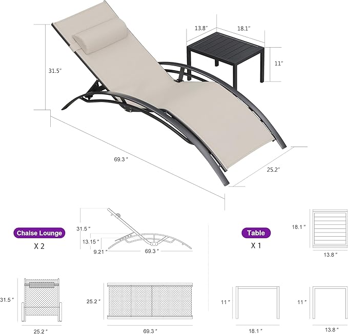 PURPLE LEAF Patio Chaise Lounge Set of 3 Outdoor Lounge Chair Beach Pool Sunbathing Lawn Lounger Recliner Chiar Outside Tanning Chairs with Arm for All Weather, Side Table Included, Beige