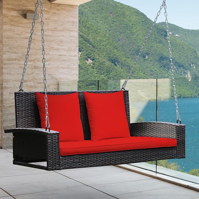 RELAX4LIFE Porch Swing 2-Seat Patio Rattan, Wicker Porch Swings Outdoor W/Two 7.9 Ft Solid Steel Chain, Comfortable Back & Seat Cushions, for Front Porch, Garden, Backyard Patio Swing (Red)