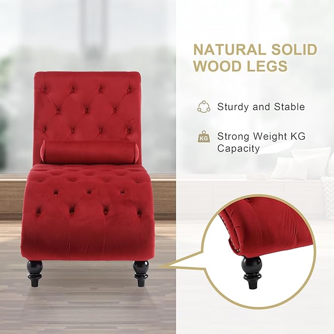Chaise Lounge Indoor,Velvet Upholstered Lounge Chair Button-Tufted Armless Chair with Pillow, for Bedroom Living Room Office Modern Backrest Leisure Recliner Sleep Sofa,Red