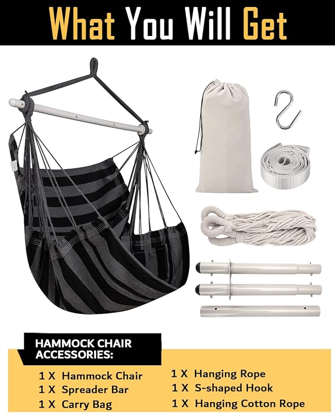 ADVOKAIR Hammock Chair Swing, Heavy-Duty Hanging Rope Swing Seat Supports 500 Lbs, Ideal for Outdoor Patio, Backyard, Porch, Deck & Indoor Bedroom Use