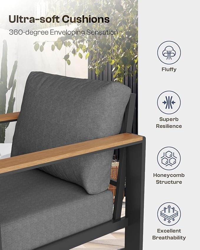 Aluminum Outdoor Sofa Bistro Set, 3 Piece Outdoor Patio Furniture Set with Washable Thick Cushion, Patio Sectional Furniture Set for Porch, Balcony, Deck, Yard, Graphite