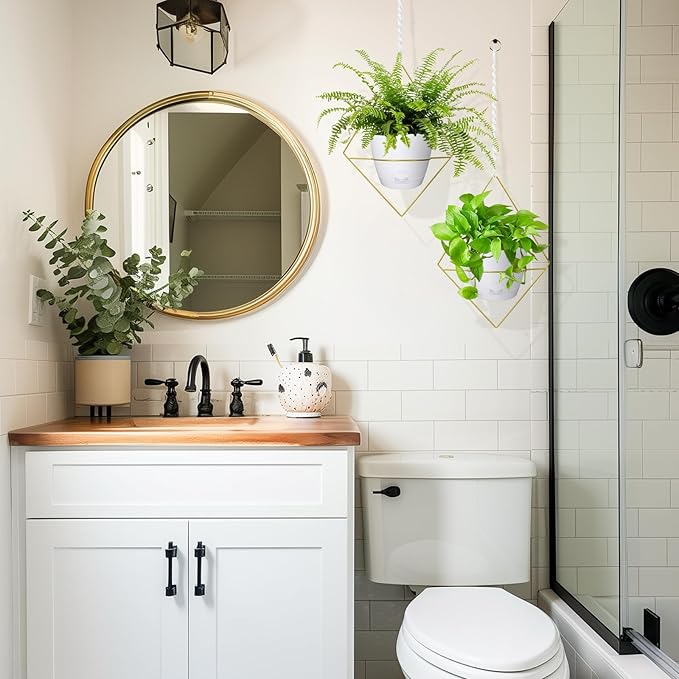 Hanging Planters for Indoor Plants, 2 Set Self Watering Hanging Flower Pots, Modern Hanging Plant Baskets with Metal Plant Holder & 6.5 Inch Plastic Pots for Garden Home Decor (Gold Frame White Pot)