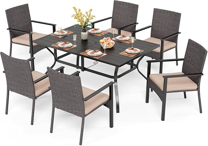 PHI VILLA 7 Piece Outdoor Dining Set for 6, 60” Rectangular Wrought Iron Table with Umbrella Hole & Cushioned Rattan Chairs, Large Furniture Set for Patio, Deck, Yard, Porch