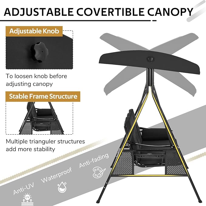 AECOJOY Outdoor Porch Swing with Cover, 3-Seat Patio Swings with Adjustable Canopy, Outside Swing for Adult with Black Removable Cushions for Backyard, Garden, Yard, Poolside, Balcony