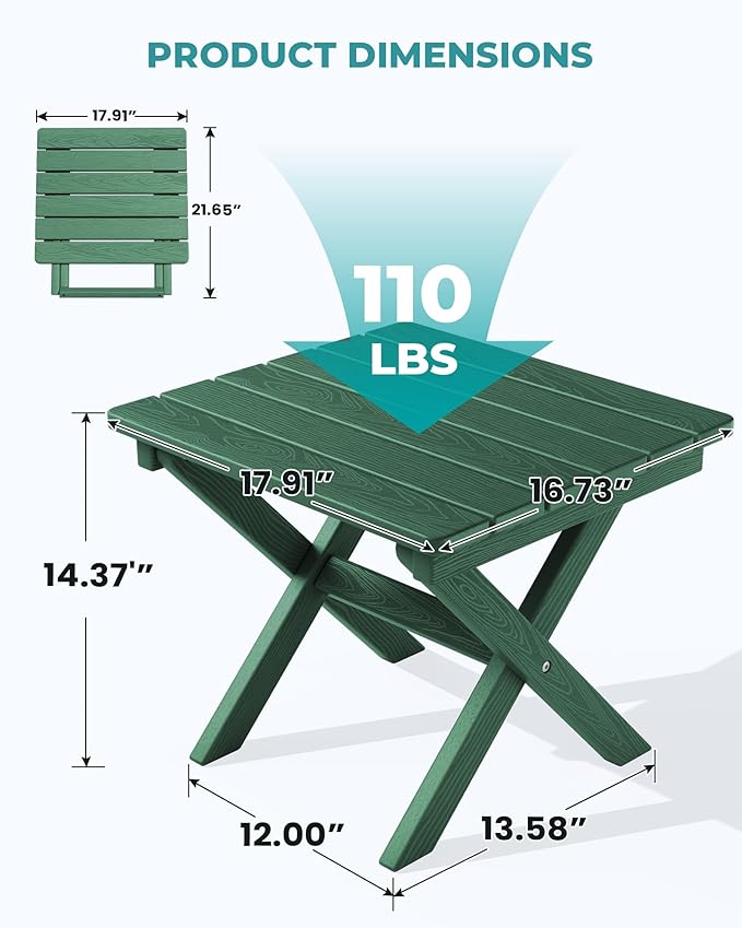 SERWALL Folding Outdoor Side Table Set of 4, Small Adirondack Side Table, Green