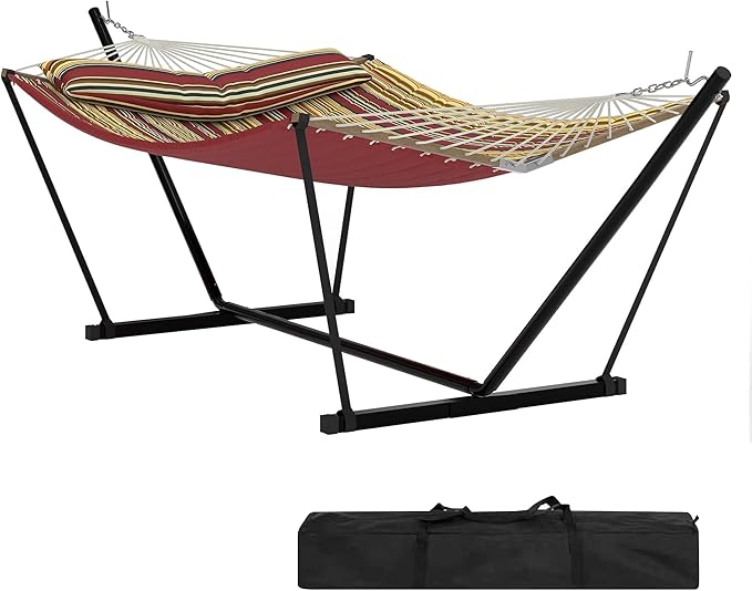 Portable 2 Person Double Hammock with Sturdy Heavy-Duty Steel Stand – 450LBS Max Load, Quick & Effortless Assembly, Perfect for Indoor Living, Yard, Patio & Camping Trips