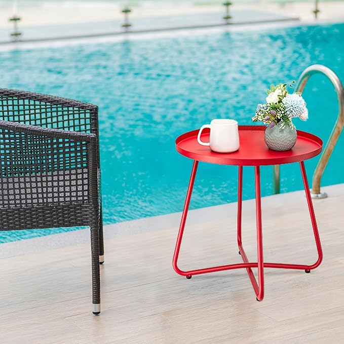 danpinera Outdoor Side Tables, Weather Resistant Steel Patio Side Table, Small Round Outdoor End Table Metal Side Table for Patio Yard Balcony Garden Bedside (Red)