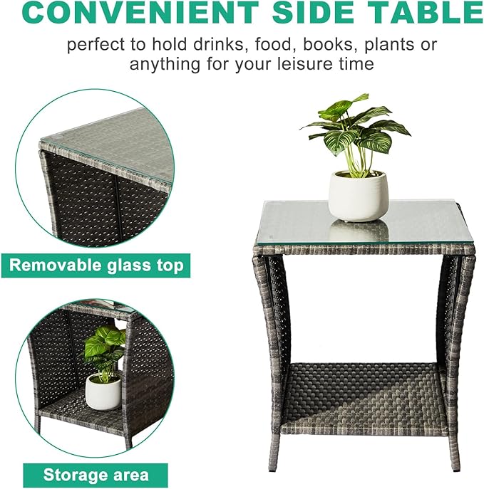 VINGLI Outdoor Wicker Side Table Patio Side Tables for Outside, Tempered Glass Top Wicker Table with Storage End Table for Balcony Porch Deck (Grey)