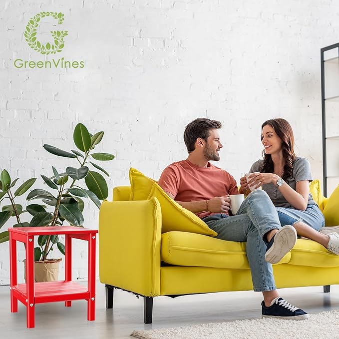 GREENVINES Adirondack-Outdoor-Side-Table | Set of 4 | 14 x 13 Inches | HDPE Plastic | All Weather | Red | Outside End Tables | Storage Shelf | for Patio Porch Backyard Indoor