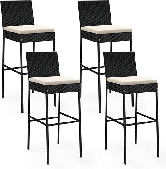 HAPPYGRILL Wicker Patio Barstools Set of 4, Outdoor Rattan Bar Chairs with Footrest & Backrest, Armless High Top Chairs with Seat Cushions for Backyard, Balcony