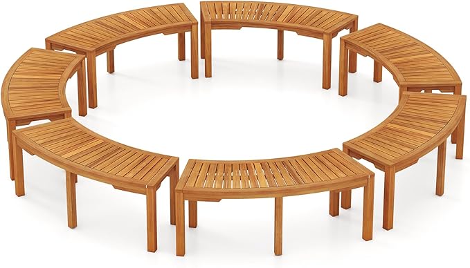 Tangkula Outdoor Curved Bench, Acacia Wood Fire Pit Bench w/Slatted Seat, Patio Backless 2-Person Seating for Porch, Yard, Garden, 800 LBS Max Load, Oil Painted (7, 45")