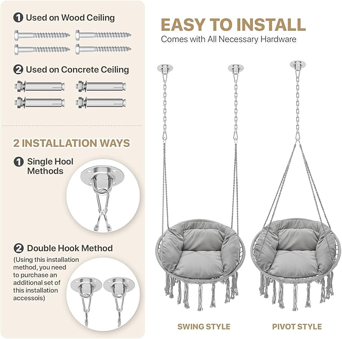 Monibloom Hanging Hammock Chair with Full Cushion, Adults Indoor Hammock Swing with Max 350 Lbs Capacity, Outdoor Macrame Hanging Chair with Boho Tassels, Home Accent Furniture Chair Swing, Grey