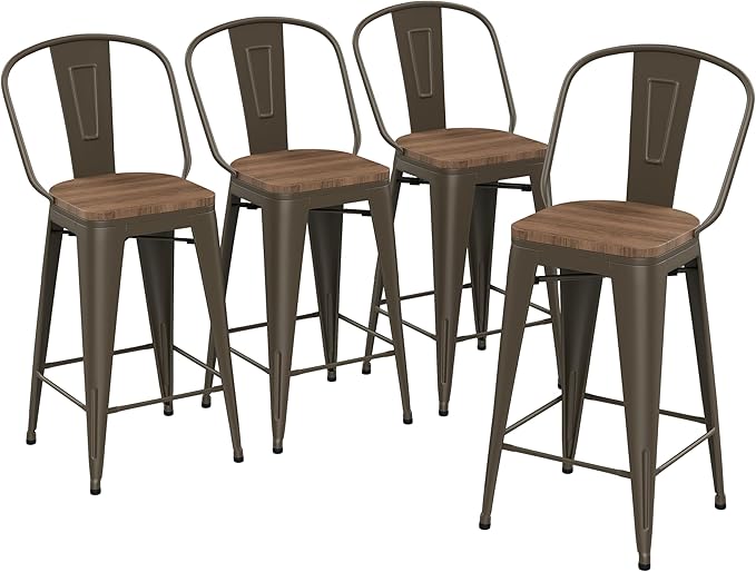Yongqiang 24 inch Bar Stools Set of 4 Kitchen Counter Height Bar Chairs Modern Farmhouse High Back Metal Barstools with Large Wooden Seat Rusty