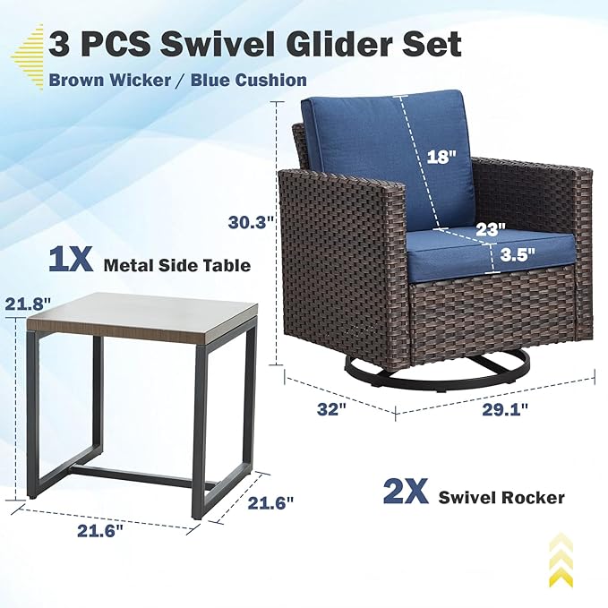 Belord Outdoor Bistro Set 3 Piece Wicker Swivel Rocker Patio Chairs, Oversize Outdoor Rattan Seating Set, Patio Swivel Glider Chairs Wicker Furniture with Metal Side Table for Porch Backyard, Brown