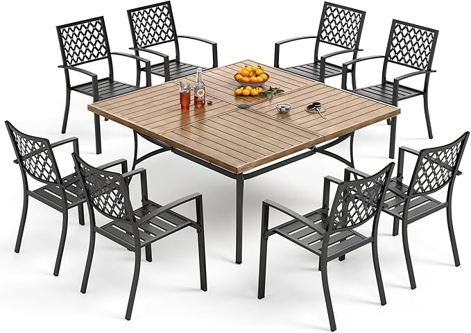 PHI VILLA 9 Pieces Outdoor Dining Set for 8, 60" Brown Square Metal Table with Umbrella Hole & Stackable Black Wrought Iron Chairs, Large Outside Furniture Set for Patio, Deck, Yard, Porch