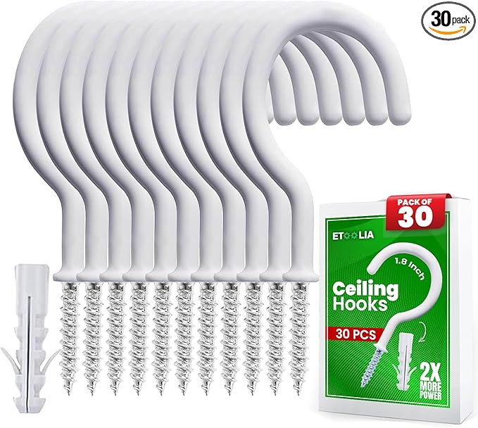 30 Pcs Ceiling Hooks for Hanging Plants, Cups, Utensils and Lights, 1-1/4 inch Vinyl Coated Screw-in Plant and Cup Hooks for Wooden and Drywall with Anchors