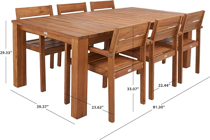 SAFAVIEH Outdoor Collection Hestia Natural Brown Acacia Solid Wood 7-Piece Dining Set, Ideal for Deck, Patio, Backyard