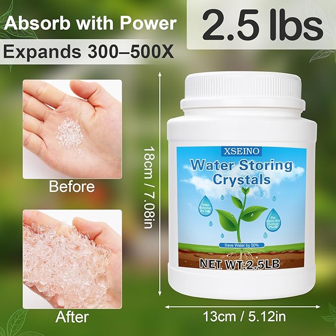 XSEINO 2.5LB Soil Moisture Crystals Water-Absorbing Hydrogel for Plants Solves Over and Under-Watering, Long-Lasting Water Retention to Keep Soil Moist Polymer Water Storage Crystals