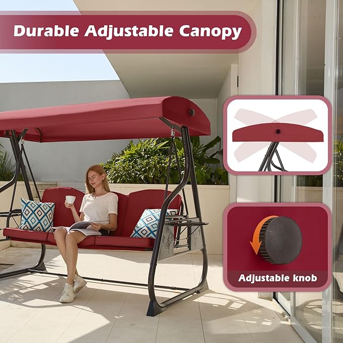 3-Seat Patio Porch Swing 800LBS Outdoor Swing with Stand w/Canopy & Adjustable Backrest Patio Glider Chair w/Removable Pillows & Foldable Side Tray for Balcony Garden Deck (Wine Red)